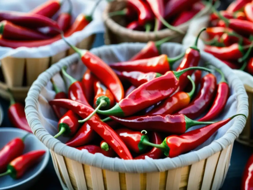 Chiles rojos brillantes en cesta tejida, texturas y gotas de agua, escena de mercado bullicioso