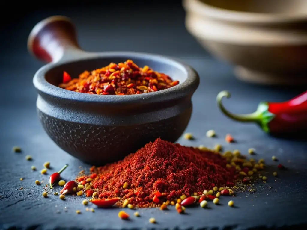 Moliendo chiles rojos para harissa receta historia cultural, resaltando la intensidad y tradición culinaria