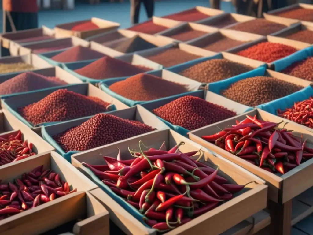Pimientos rojos secándose en mercado de especias en Zanzíbar Chiles rojos secándose al sol en mercado de especias en Zanzíbar, África