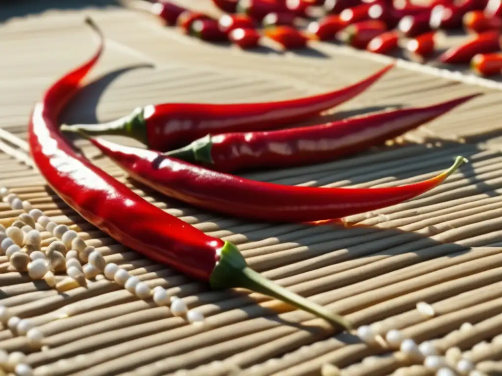 Chiles rojos vibrantes secándose al sol en esteras de paja, resaltando el impacto de las especias en conservación