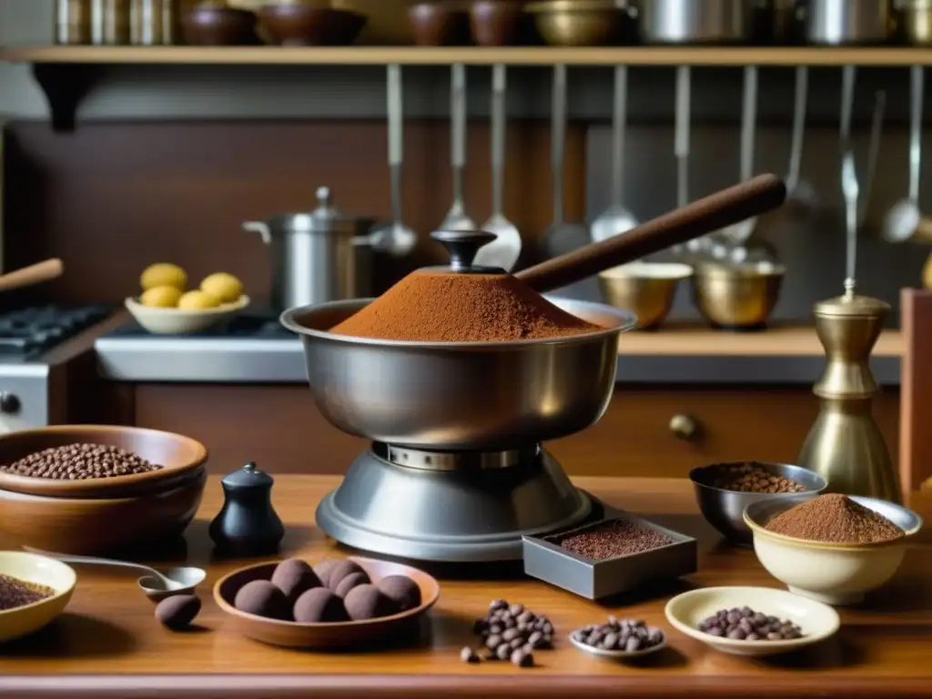 Introducción del chocolate en la cocina americana del siglo XIX con chefs mezclando cacao, azúcar y especias en una cocina vintage