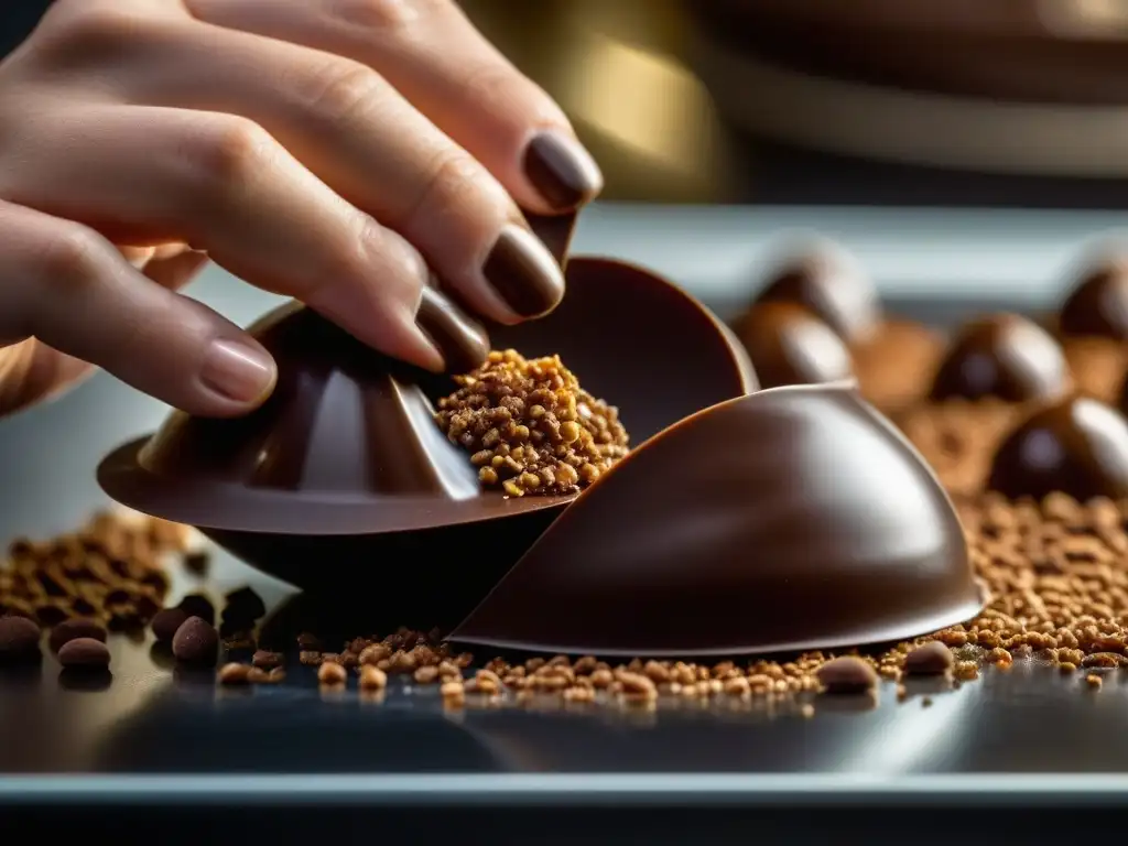 Chocolatero belga llenando con ganache un praliné de chocolate, destacando la artesanía del chocolate belga