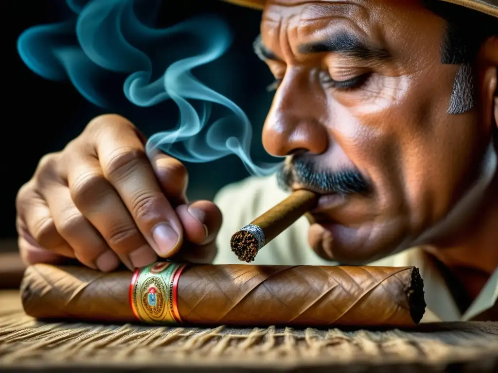 Un cigarro artesanal siendo meticulosamente elaborado por manos expertas, capturando la esencia del tabaco producto americano que conquistó mercados