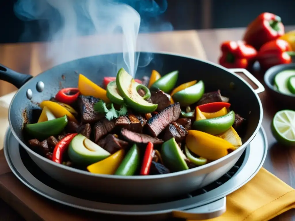 Un close-up detallado de una fajita humeante con pimientos, cebolla y carne, reflejando la influencia cocina TexMex gastronomía global