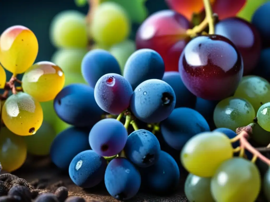 Cluster de antiguas variedades olvidadas, uvas revolucionando viticultura, con colores, formas y tamaños diversos, cubiertas de rocío