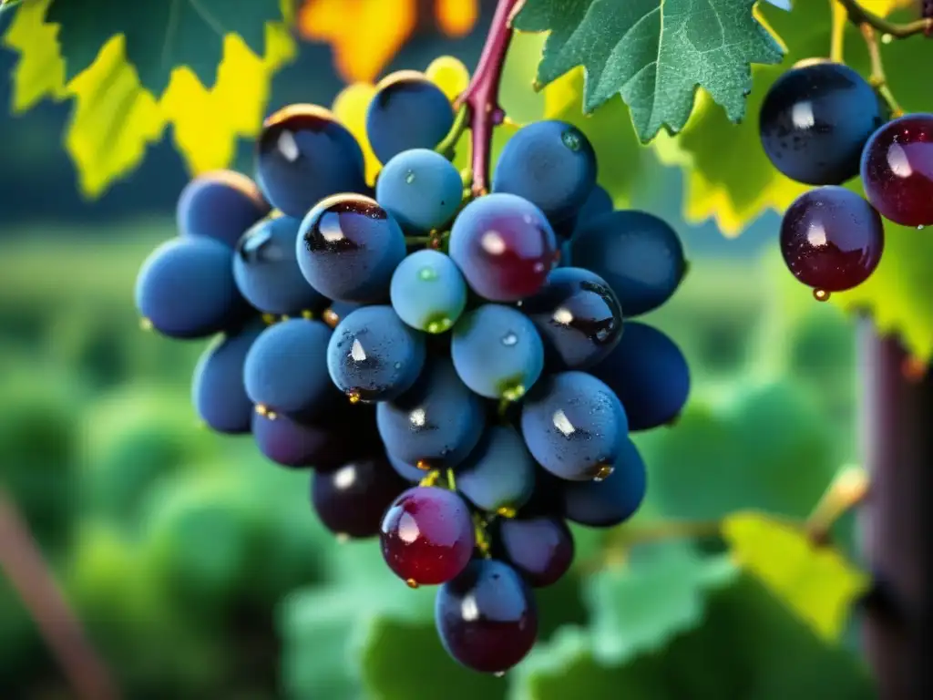 Cluster de uvas maduras en viñedo renacentista con rocío, Cultura del vino en Renacimiento