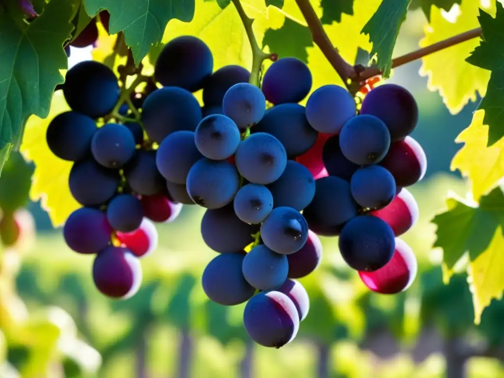 Clúster de uvas moradas brillantes en viñedo soleado