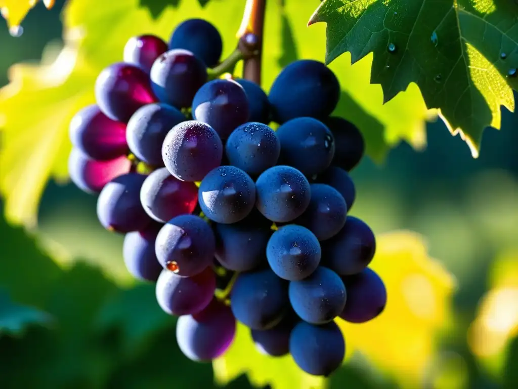 Cluster de uvas moradas brillantes en viñedo soleado
