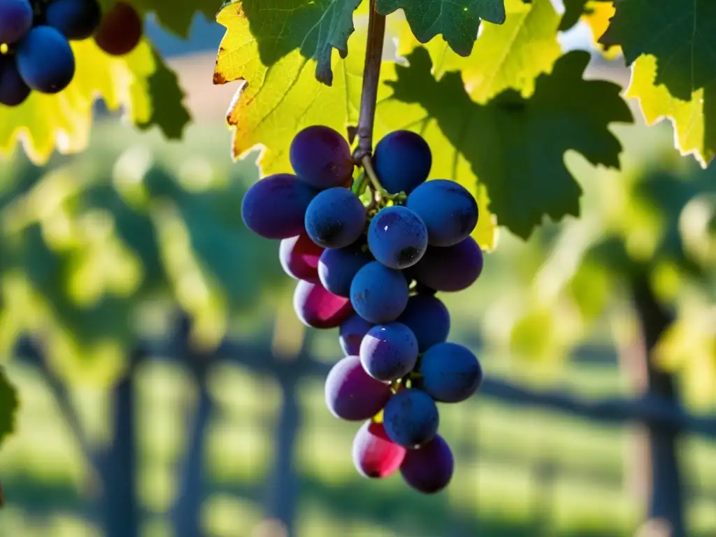 Cluster de uvas moradas brillantes en viñedo soleado