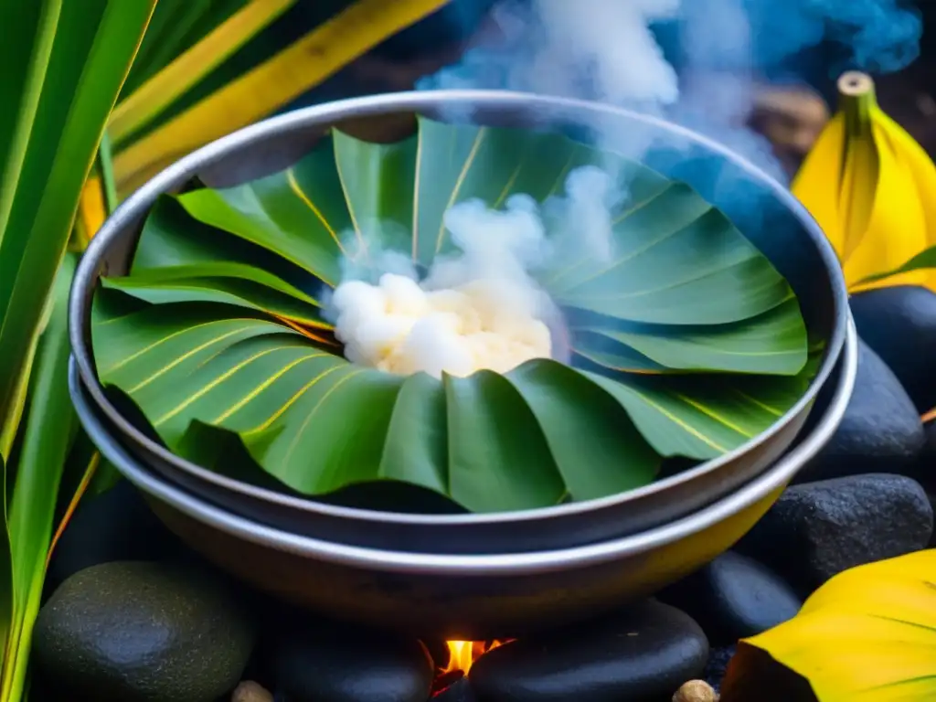 Cocina amazónica ancestral: preparación subterránea de platillo tradicional Cocción en tierra Amazonía: preparación de platillo tradicional envuelto en hojas de plátano, cocido lentamente bajo tierra
