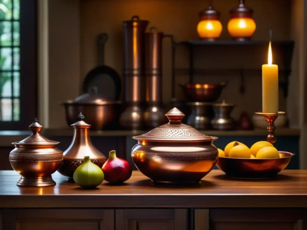 Una cocina abásida tradicional detallada, con utensilios de cobre, especias aromáticas y frutas frescas en una mesa de madera iluminada por velas