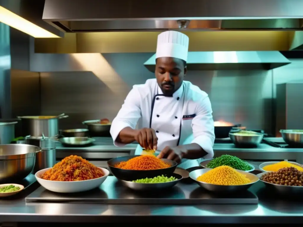 Transformación de la cocina africana: un chef experto sazona ingredientes frescos en una cocina urbana vibrante