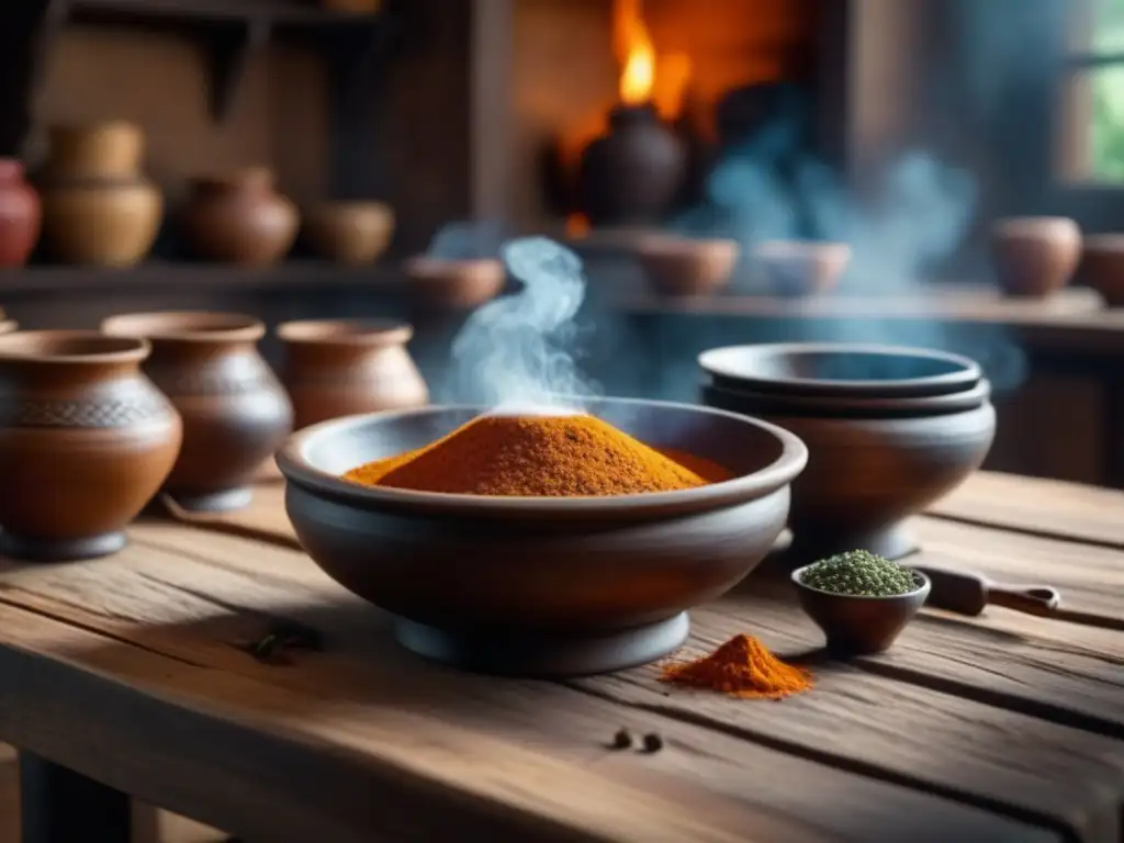 Una cocina africana colonial detallada con platos africanos influencia colonial en ollas de barro, utensilios de madera y especias vibrantes