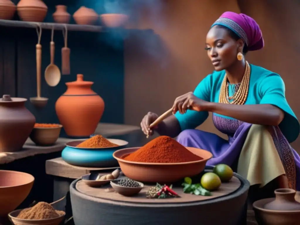 Cocina africana antes del contacto con Europa: mujeres cocinando juntas sobre fuego abierto, ingredientes y utensilios tradicionales