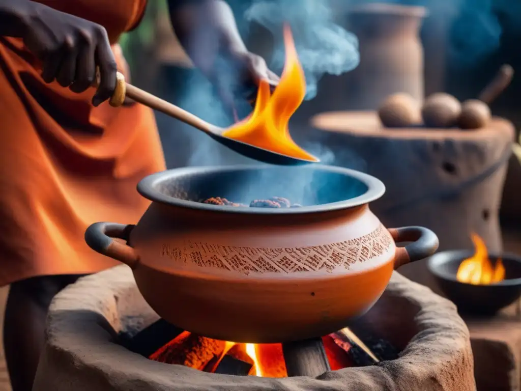 Cocina africana: historia y transformación, olla de barro sobre fuego con manos removiendo