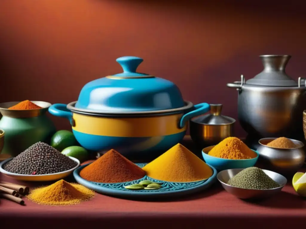 Una cocina africana histórica llena de especias vibrantes, ingredientes coloridos y utensilios de cocina, muestra la esencia de recetas históricas