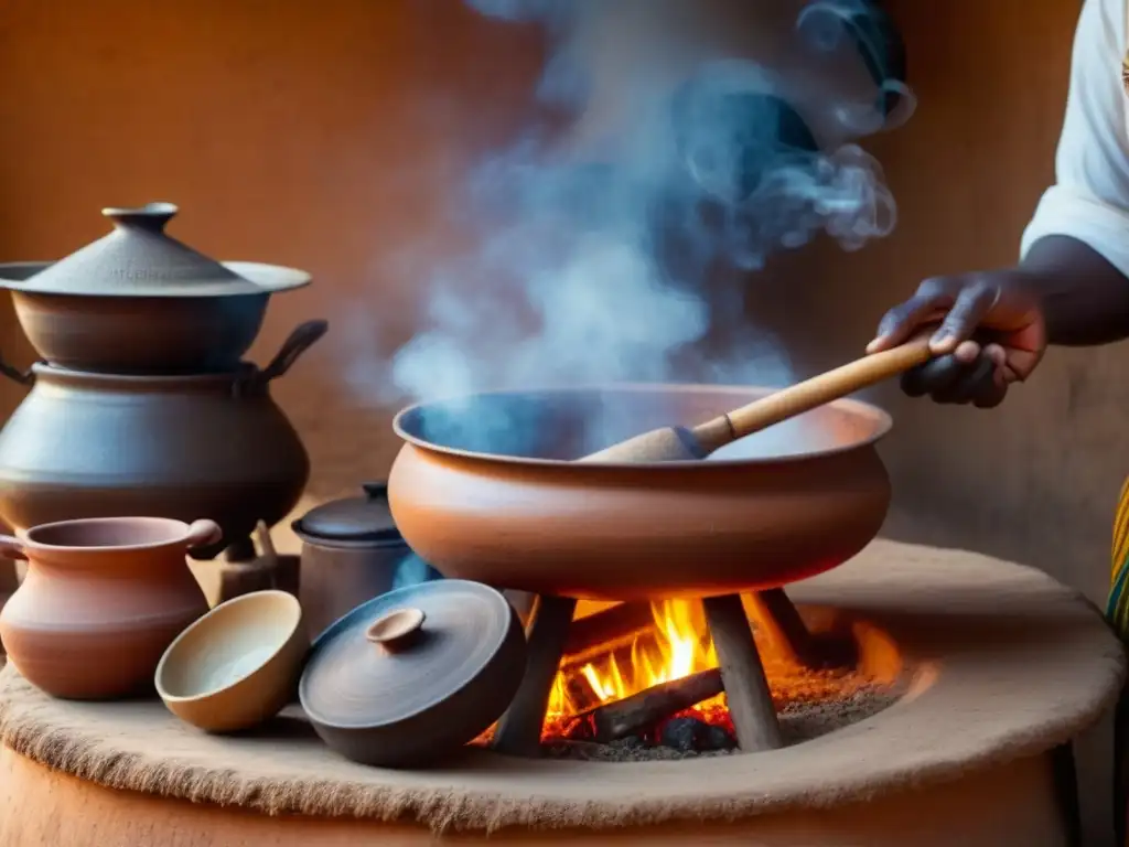 Una cocina africana llena de vida y tradición, con utensilios de barro y madera, un guiso aromático burbujeante sobre la llama, y un grupo unido cocinando juntos