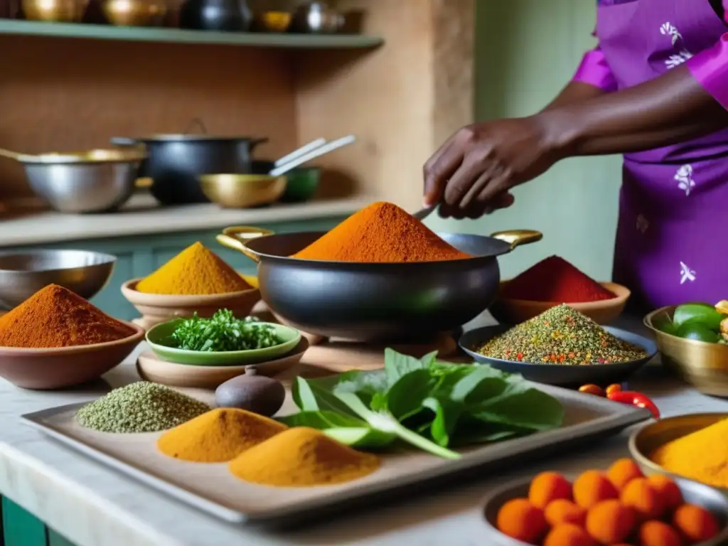 Una cocina africana tradicional llena de especias coloridas, vegetales frescos y utensilios de cocina