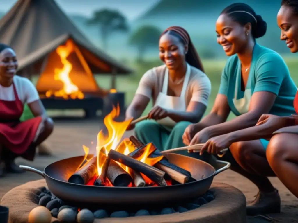 Cocina al aire libre en África: Mujeres cocinando platos tradicionales bajo un cielo estrellado