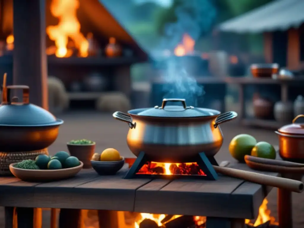 Una cocina al aire libre en África, fusionando tradiciones culinarias antiguas con prácticas contemporáneas bajo el cielo nocturno