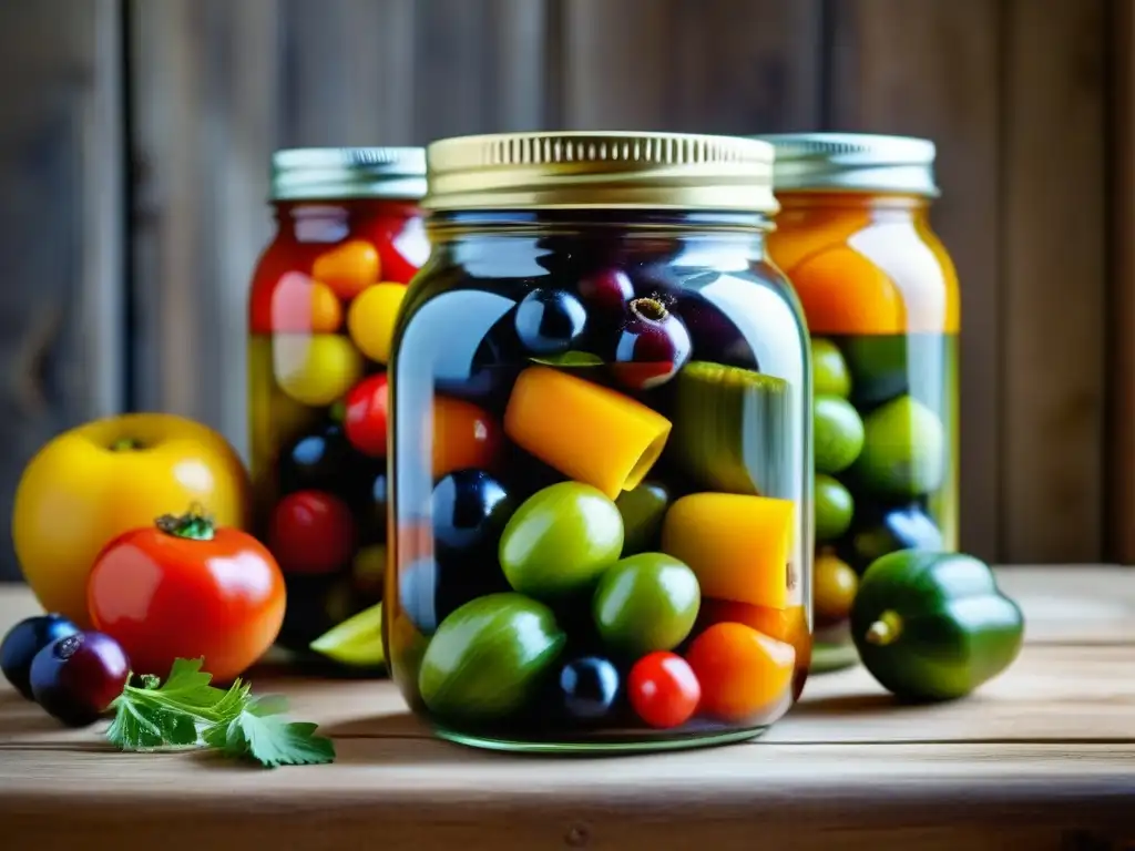 Conserva en la cocina americana: Detalle de tarro vintage con frutas y verduras coloridas en conserva