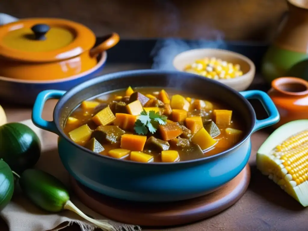 Una cocina andina tradicional con locro de zapallo, guiso andino de colores vibrantes y texturas auténticas