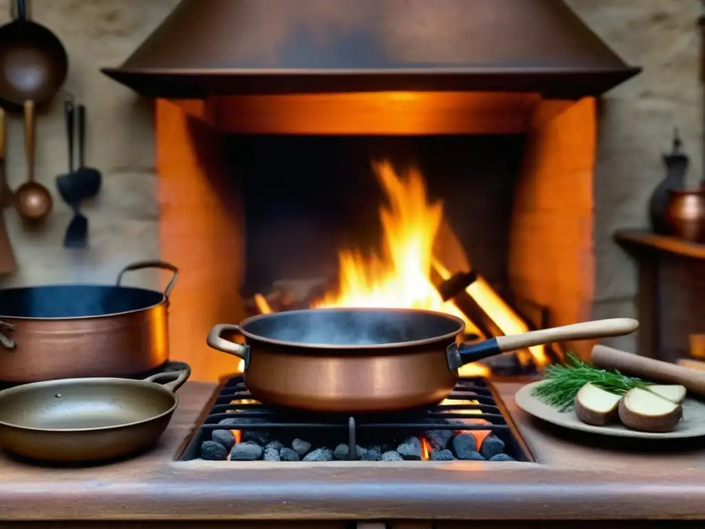 Una cocina antigua con un caldero de cobre burbujeante sobre el fuego, utensilios históricos y una atmosfera culinaria envolvente