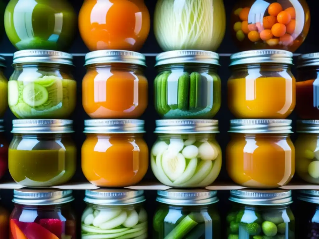 Fermentación en la cocina antigua: Detalle de tarros con vegetales fermentando, burbujeantes y coloridos