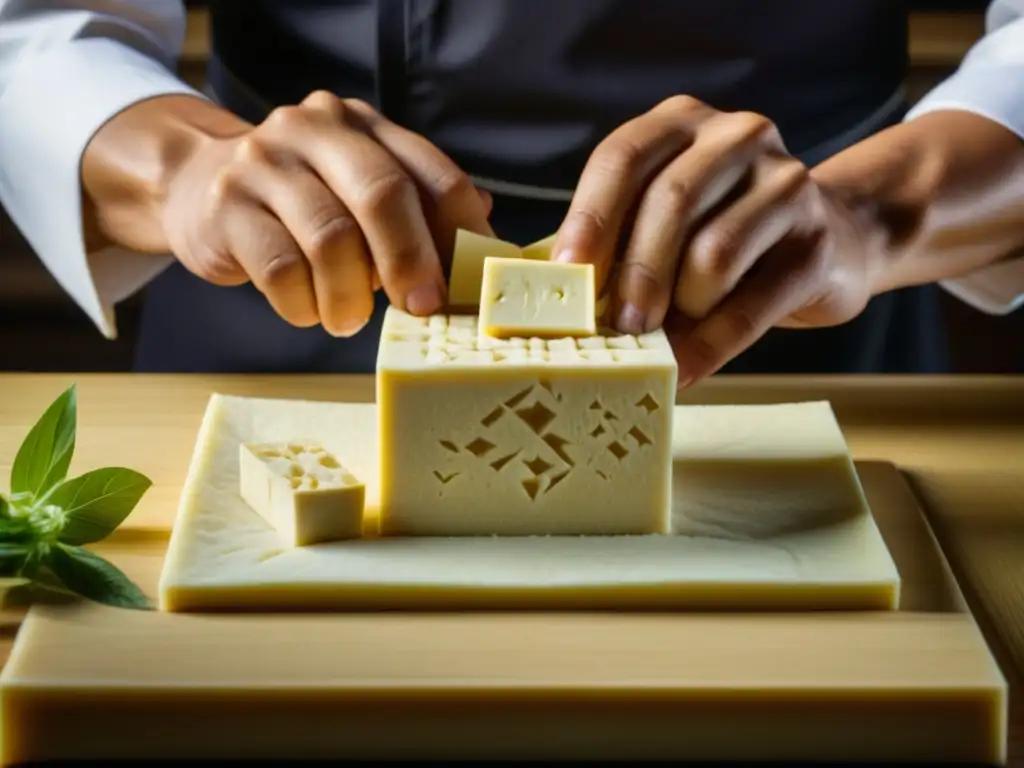 Escultura de tofu: arte culinario japonés Transformación del tofu en cocina: Un chef japonés esculpe con destreza un bloque de tofu, creando una obra de arte culinaria
