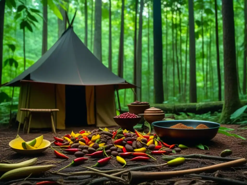 Cocina clandestina en el bosque con chefs indígenas preparando platos históricos desafiantes colonizadores como cacao, vainilla y chiles