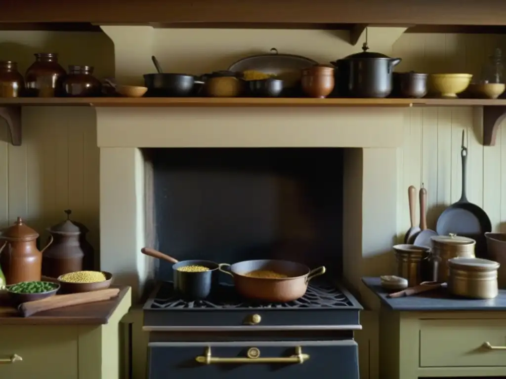 Una cocina colonial americana detallada con ingredientes y utensilios de la época