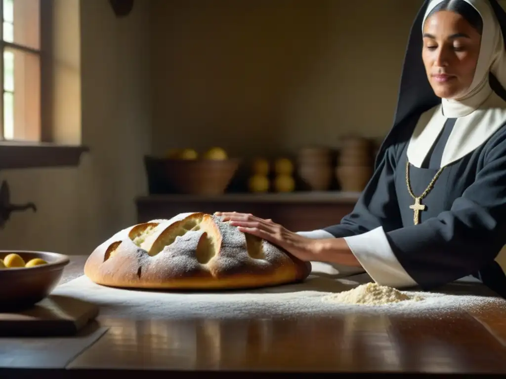 Una cocina colonial de convento, con ingredientes frescos y una monja amasando, evocando la historia del arte culinario en los conventos coloniales