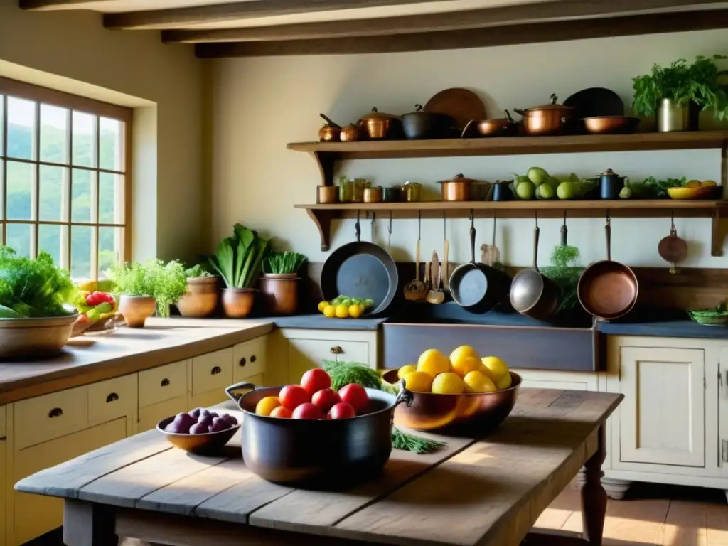 Una cocina colonial del siglo XVIII en América, con una mesa de madera cubierta de ingredientes frescos y utensilios antiguos