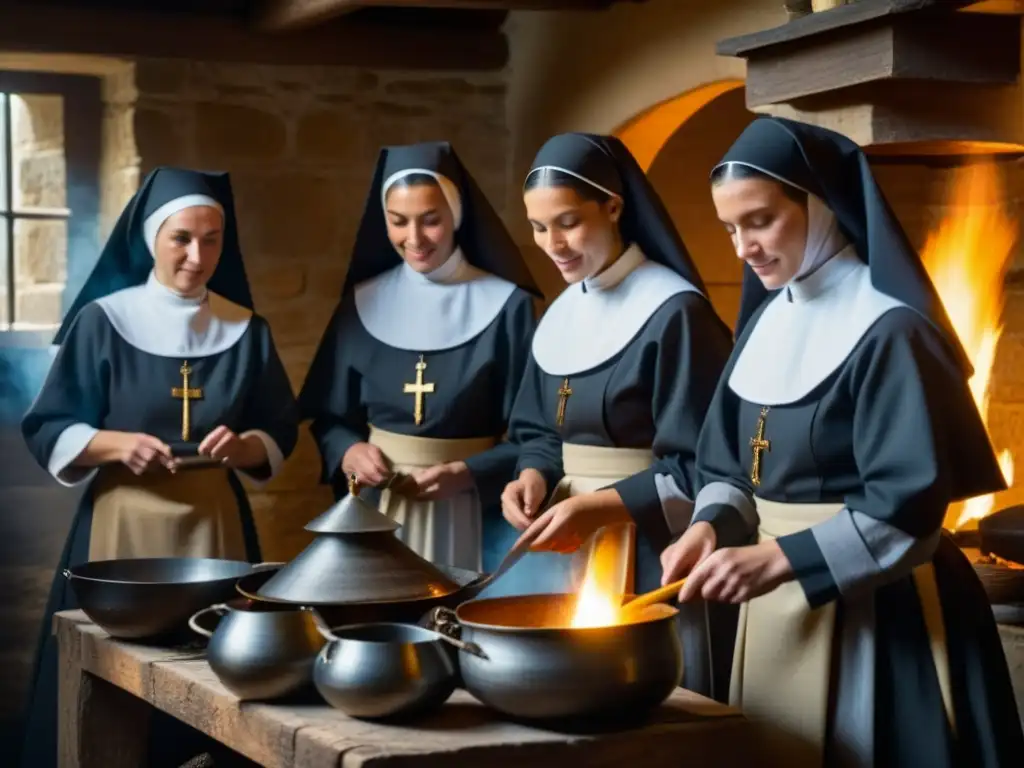 Cocina conventual medieval: detallada escena de monjas en hábitos tradicionales cocinando en un convento rústico