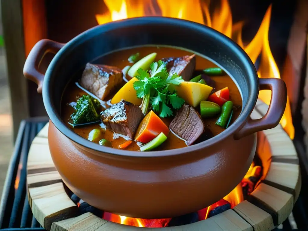 Cocina criolla en Hispanoamérica: Olla de barro con guiso burbujeante y colorido sobre fuego de leña, evocando tradición culinaria