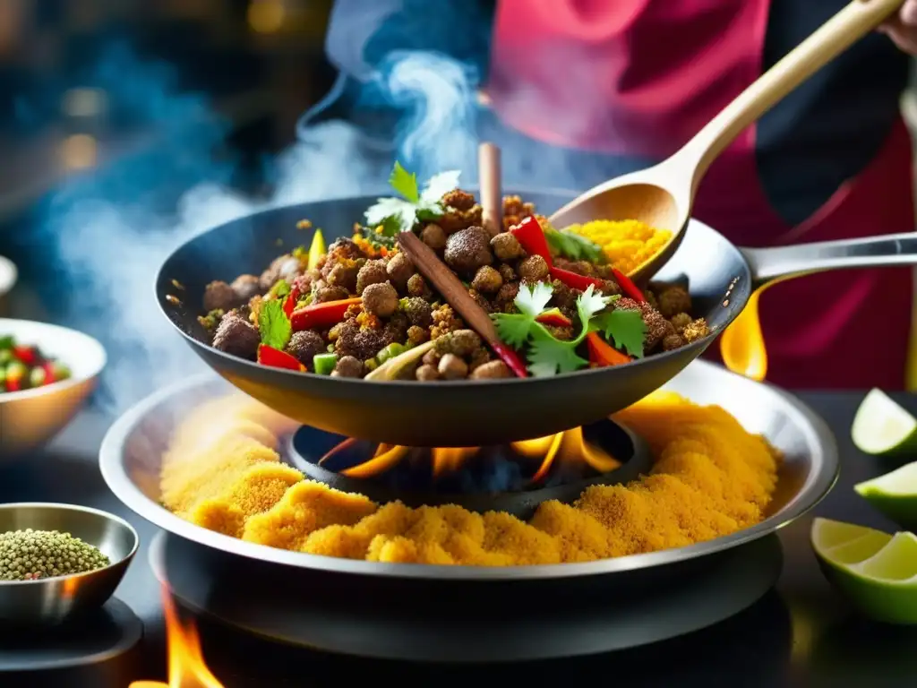 Cocina mongol influencia cultural India: Wok con especias coloridas y vapor, fusionando sabores y tradiciones