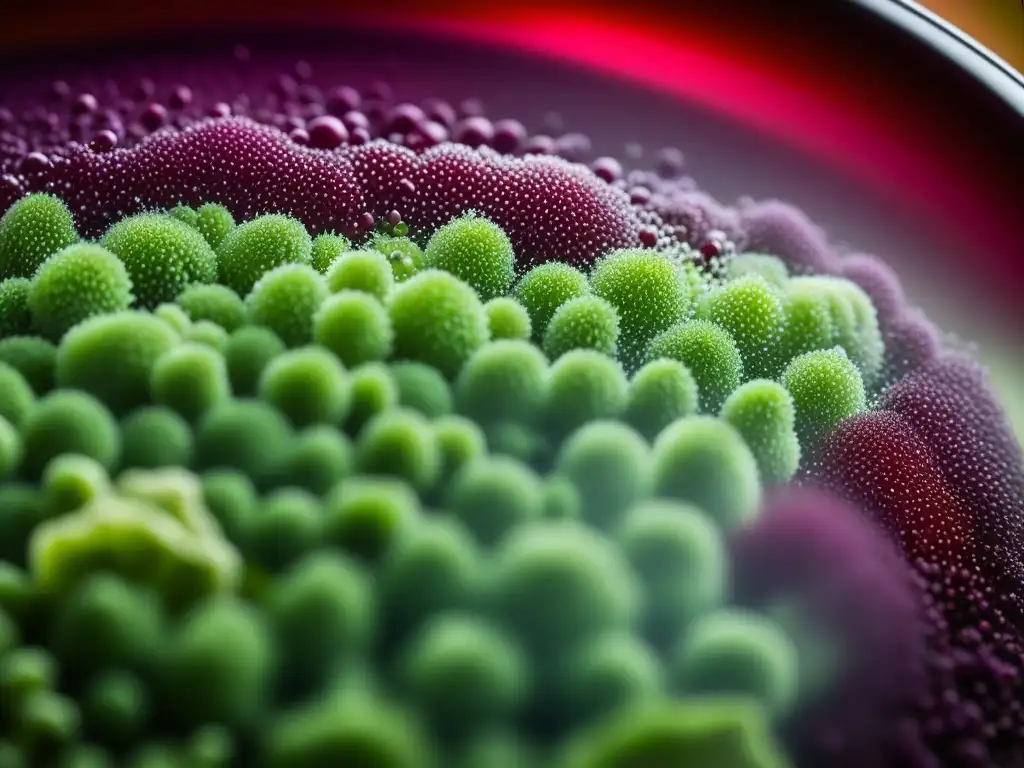 Fermentación en cocina nórdica preVikinga: Detalle macro de un frasco burbujeante con ingredientes fermentados en vibrantes colores