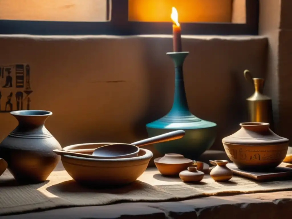 Cocina egipcia antigua con utensilios históricos para cocinar, iluminada por lámpara de aceite