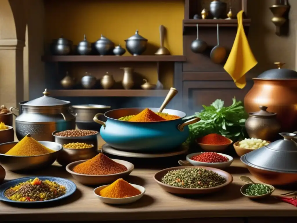 Cocina medieval europea durante las Cruzadas: colores vibrantes, ollas burbujeantes y preparaciones culinarias detalladas