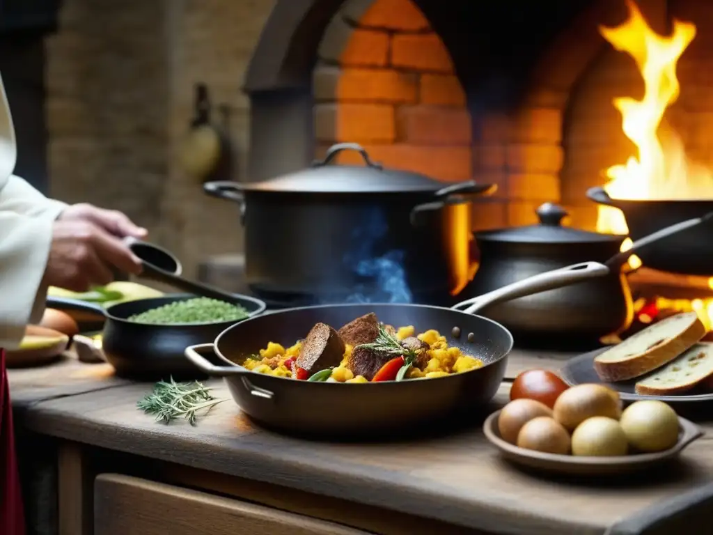 Cocina medieval europea con impacto de las Cruzadas: chef preparando festín entre utensilios y ingredientes vibrantes