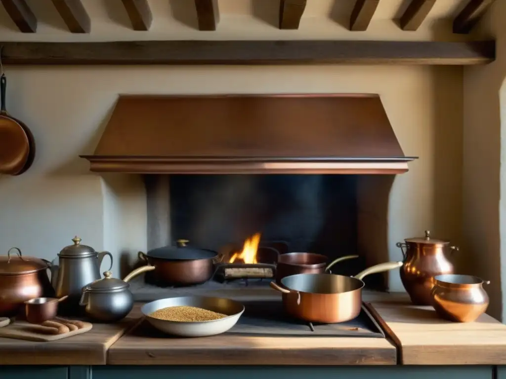 Una cocina francesa del siglo XVIII llena de vida, con utensilios de cobre, un fuego ardiente y un chef cortando ingredientes