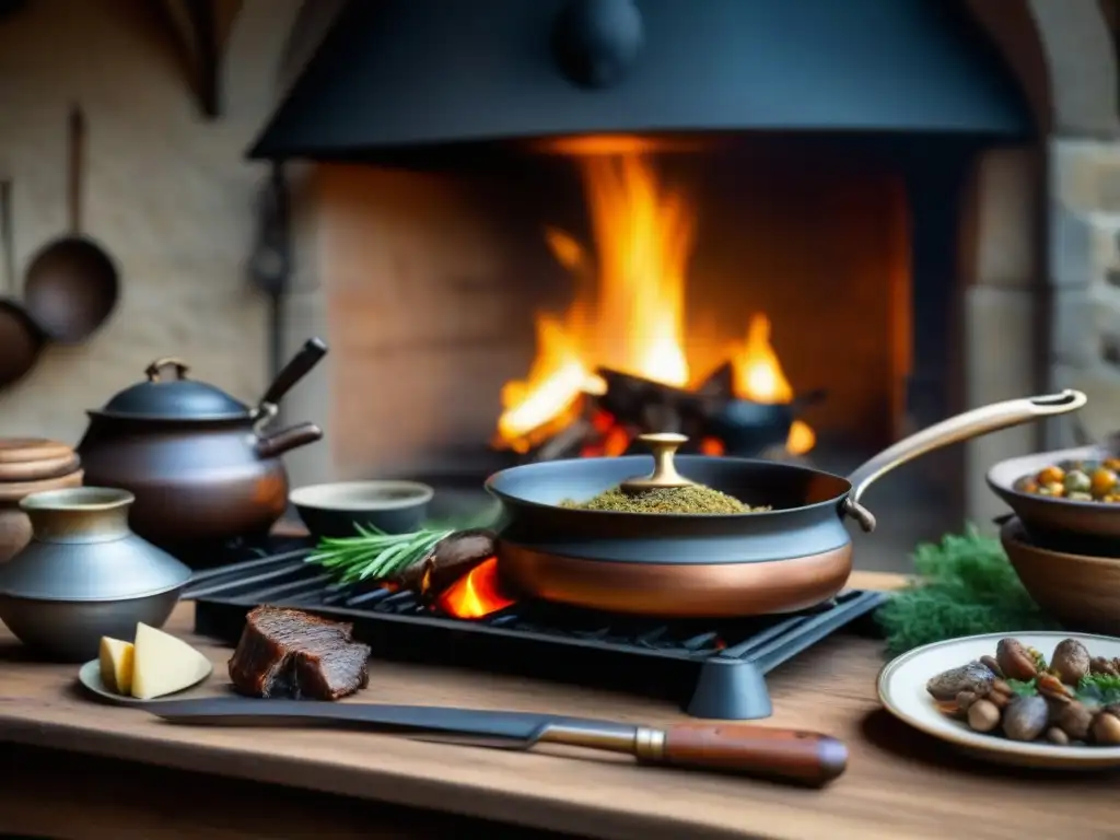 Cocina medieval europea: hogar con fuego, asado de jabalí, estofados, chef y hierbas