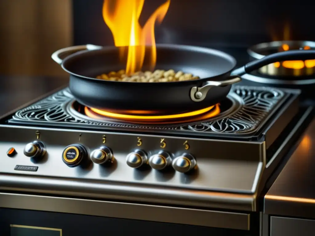 Una cocina a gas histórica evolución: llama danzante bajo olla, frente a cocina eléctrica moderna