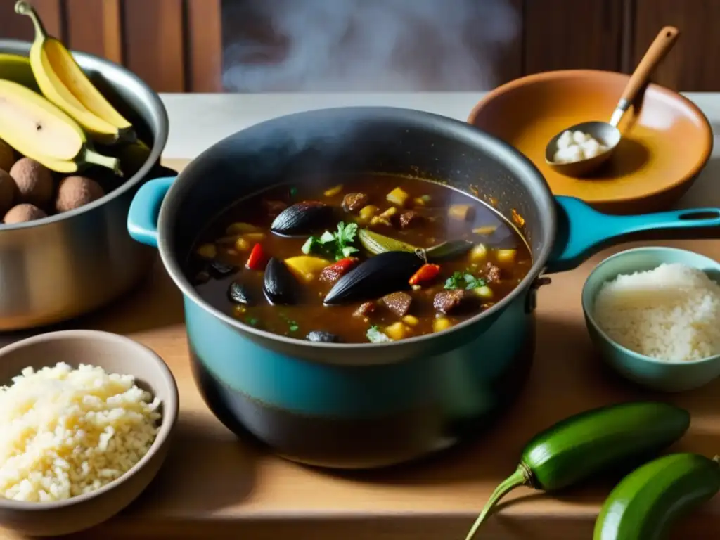 Una cocina hispana tradicional con ingredientes históricos en una olla burbujeante