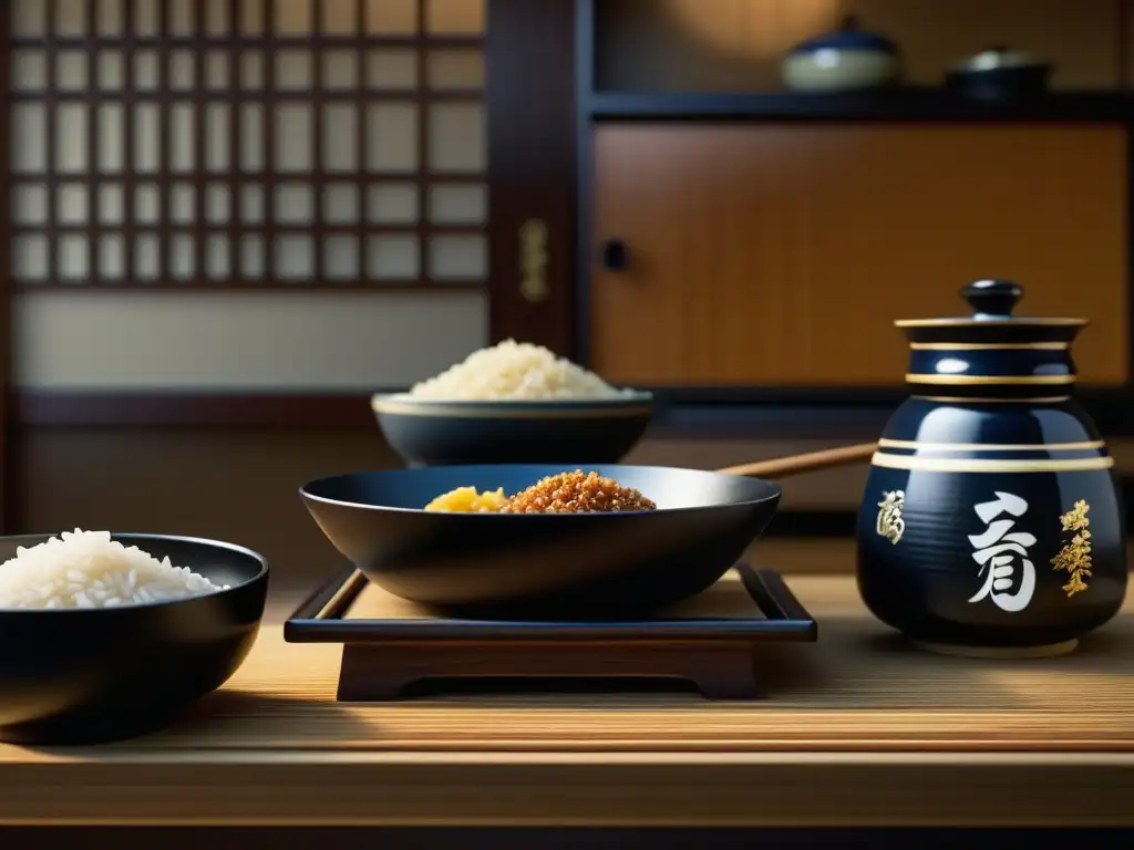 Cocina histórica japonesa, detallada y serena con ingredientes tradicionales en envases ornamentados