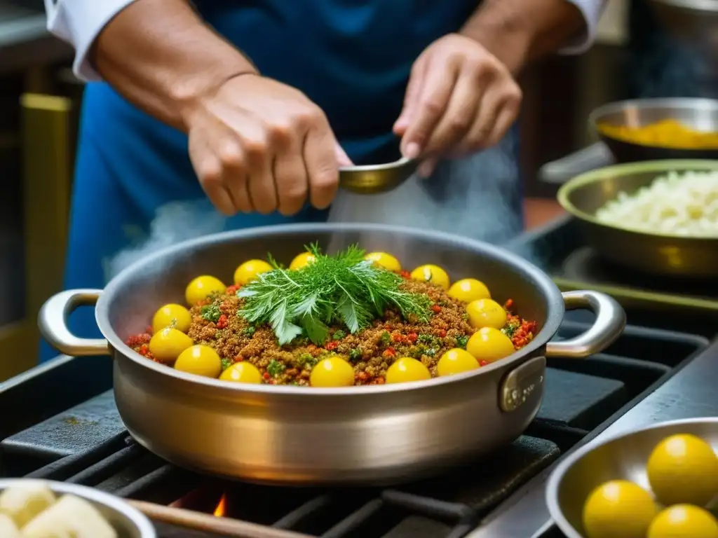 Cocina histórica en Estambul: manos expertas sazonan con especias vibrantes un plato tradicional