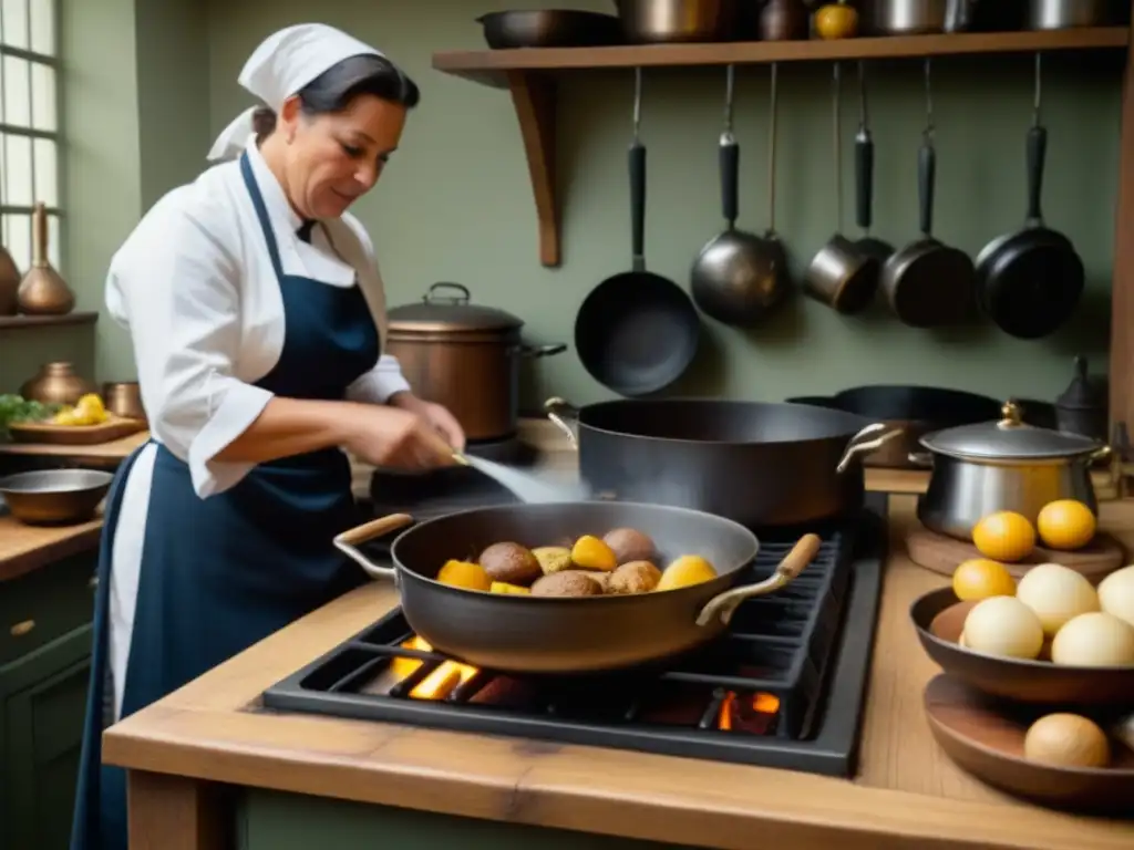 Cocina histórica de la Revolución Industrial con chefs preparando recetas europeas