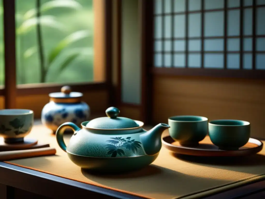 Cocina Zen Kaiseki Ryori Hospitalidad: Detalle de una ceremonia del té japonés con diseño intrincado y ambiente tranquilo