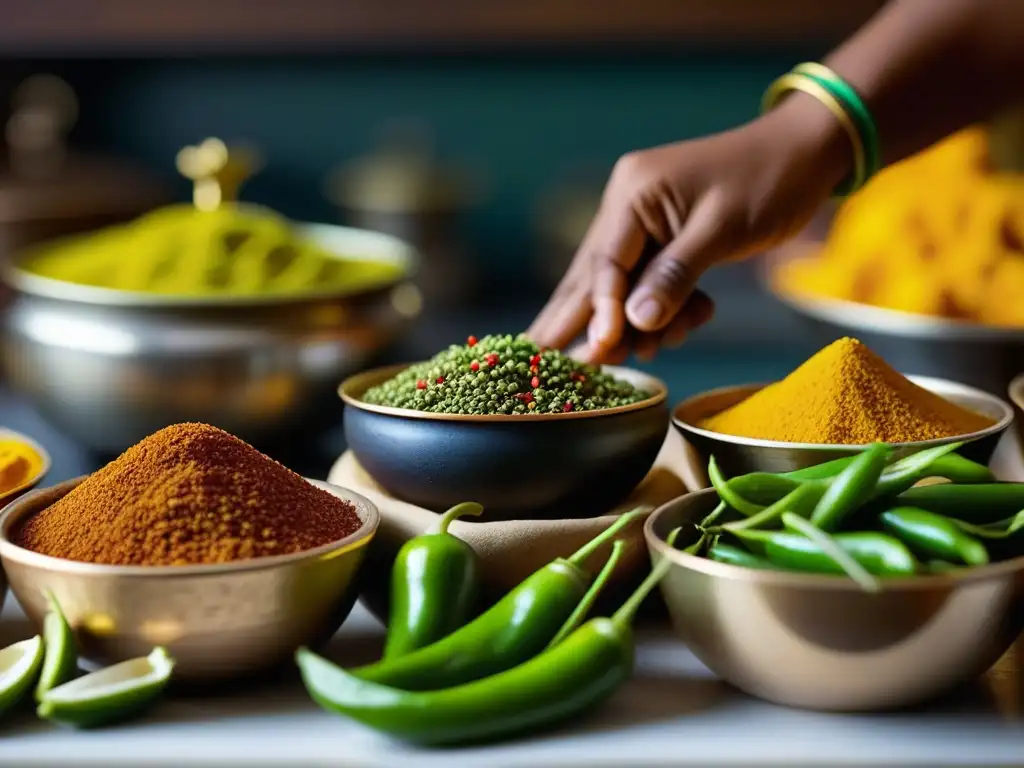 Una cocina india tradicional durante Janmashtami con especias coloridas en recipientes, capturando la esencia de las recetas históricas de Janmashtami