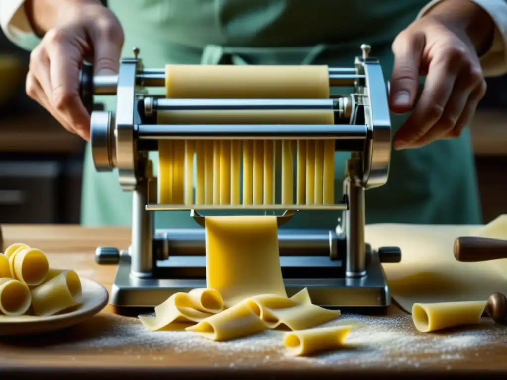 Preservación de la cocina italiana: Detalle de una antigua máquina de pasta en funcionamiento, resaltando su tradición y precisión artesanal